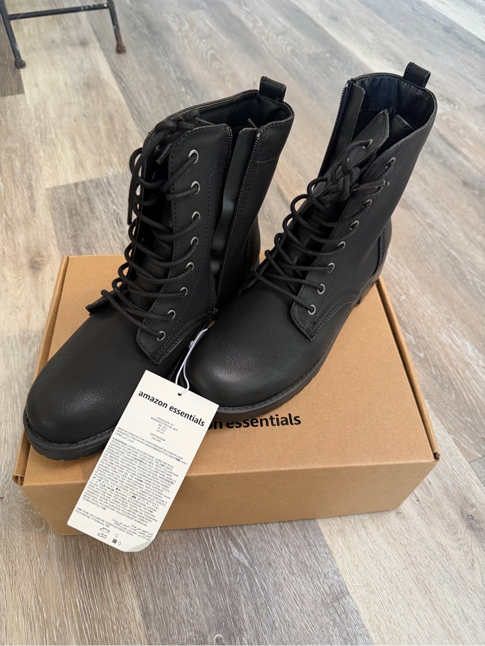 Amazon Essentials Women's Black Lace-Up Combat Boots with Side Zipper